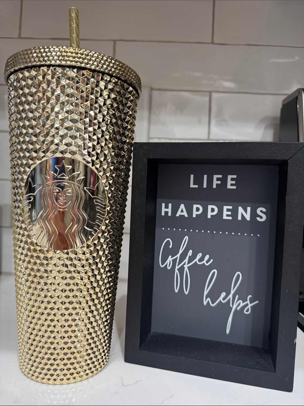 Starbucks Venti Metallic Gold Textured Studded Tumbler Cold Cup with Straw NWT